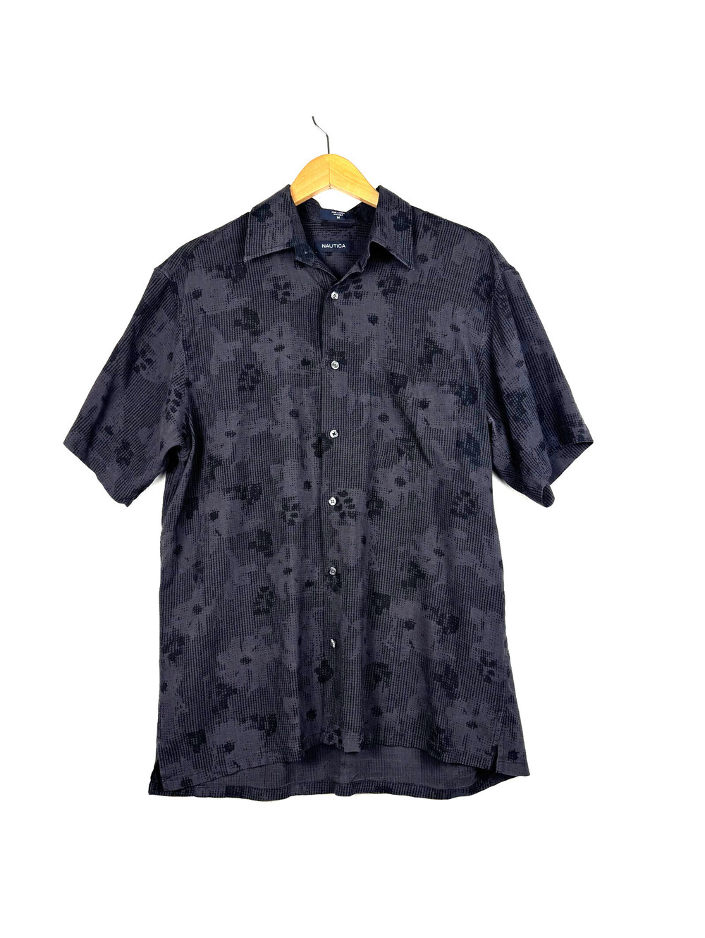 Nautica Mens Medium 100% Silk Black Floral Geometric Beach Shirt Button Up